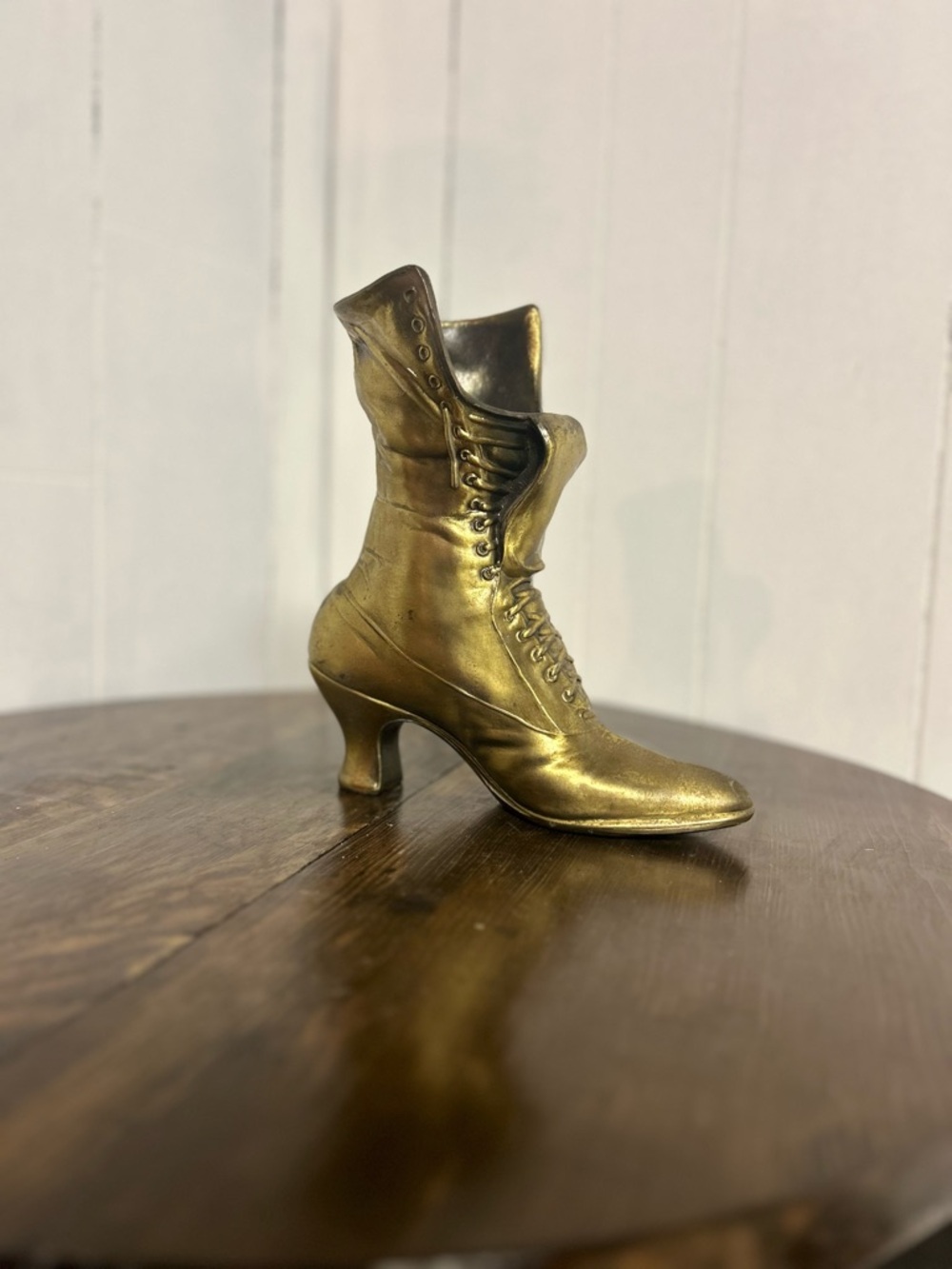 Large Vintage Cast Iron Victorian-Style Lace-Up Boot Decor Vase in Metallic Gold